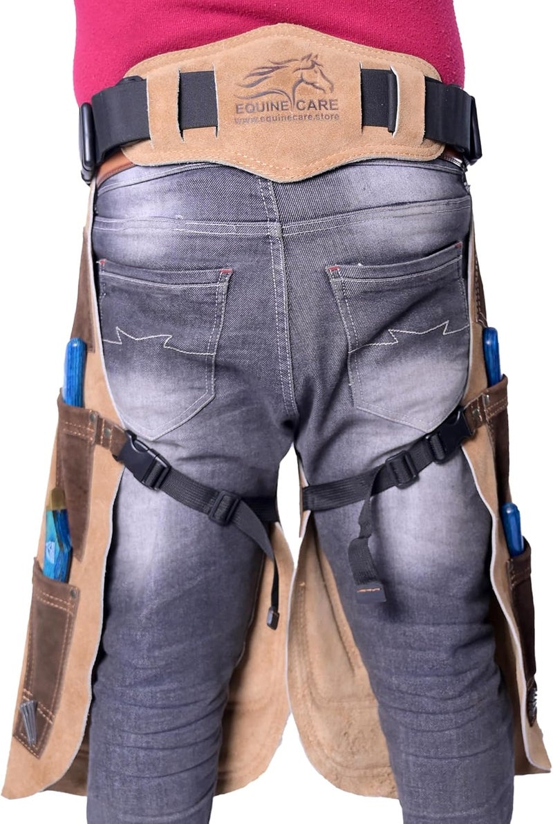 Equine Care Farrier Apron Chaps – Cowhide Suede Leather, Foam Padded Thigh and Back Support, Adjustable Waist, Tool Pockets, Magnetic Nail Holders (23 inches (59 cm)) - Image 3